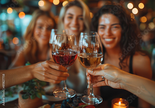 A group of friends toasting with glasses filled with different types of wine  including reds and white