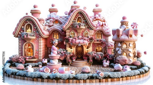A pink house with a pink roof and pink decorations