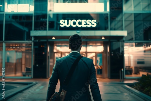 Businessman Walking Towards Office Building with "Success" Sign, Symbolizing Career Achievement and Ambition in Corporate World
