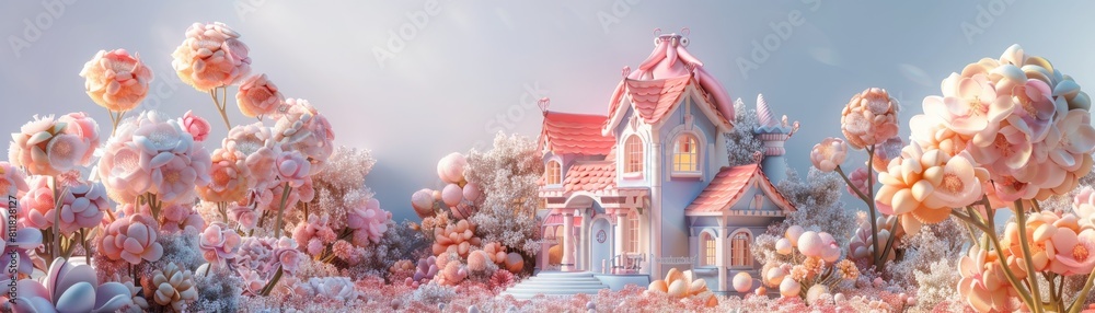 A house with a pink roof and a pink flower garden in front of it