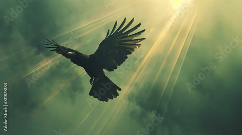 A black bird flying through the sky with sun rays.