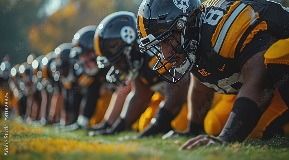 A group of football players wearing uniforms and helmets, standing in a line on a field. A group of football players wearing uniforms and helmets, standing in a line on a field.