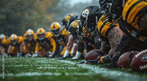 A group of football players lined up on a field, ready for a play. photo