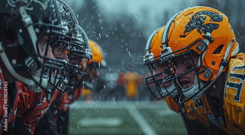 Football players wearing helmets and pads, standing on a field in the rain. They are facing each other, possibly discussing the game or strategizing. © Gayan