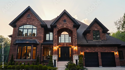 A large brick home with a driveway and garage. © VISUAL BACKGROUND