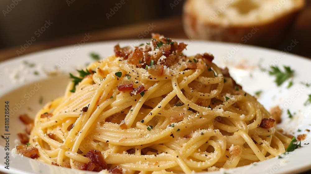 A plate of pasta with bacon and parmesan cheese.