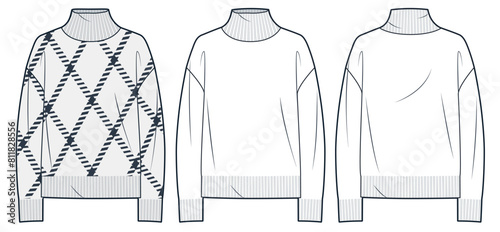 Sweater technical fashion illustration, tartan plaid pattern. Jumper fashion flat technical drawing template, relaxed fit, roll neck, front and back view, white, women, men, unisex Top CAD mockup set.