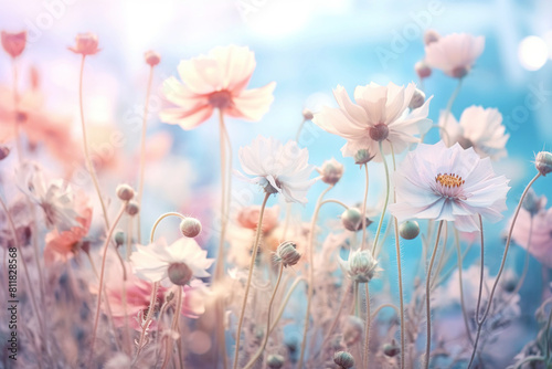 A whimsical pastel photo of delicate flowers  with a soft focus on the background. The colors include shades of pale blue and pink  creating an enchanting atmosphere. Soft lighting 