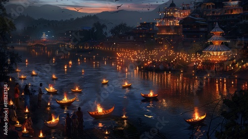 A photorealistic depiction of a Diwali celebration in Nepal. People light diyas on the banks of the Bagmati River and release decorated boats carrying wishes. photo