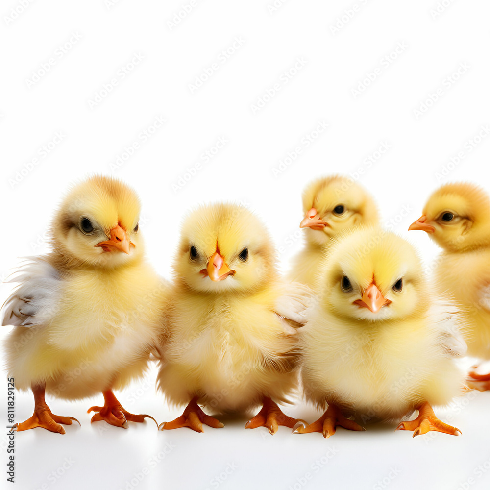 many cute chicks on white background space for text,Cute little chicks,generate ai