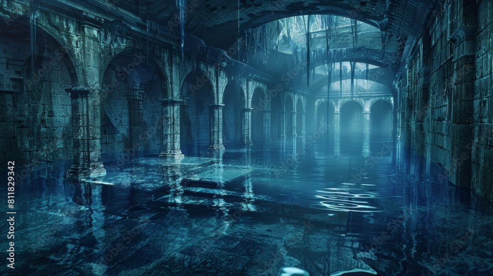 A haunting view of a flooded ancient crypt, bathed in mystical blue light, with water reflecting the elegant arches and intricate stonework.