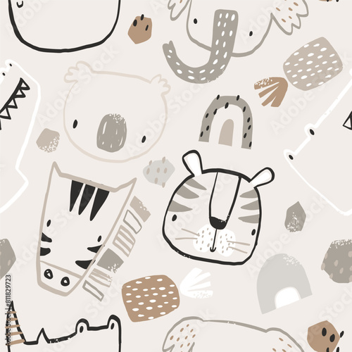Vector seamless pattern with tropical animals. Print for kids with African animals. Tiger, koala, crocodile, zebra, rhino, rainbow, pineapple. Texture for fabric, children's clothes, textiles.