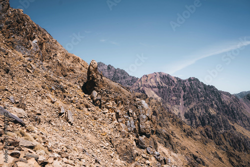 Toubkal National Park in Morocco is a landscape with rugged terrain. 