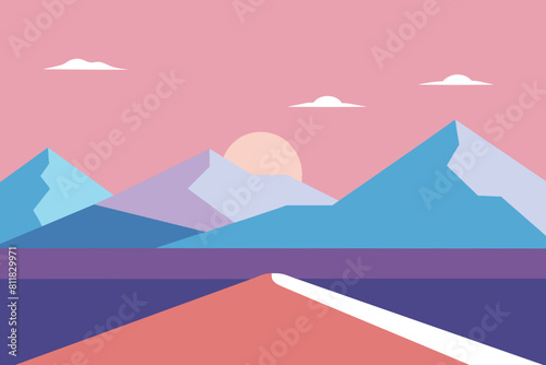Mountain landscape and tennis court pastel illustration design