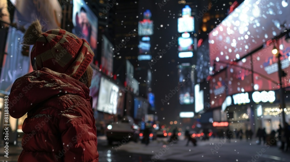 Child Looking Up at Bright Lights in Times Square During a Winter Snowfall | New York City Holiday Scene for Travel and Family Marketing Child Looking Up at Bright Lights in Times Square During a Winter Snowfall | New York City Holiday Scene for Travel and Family Marketing