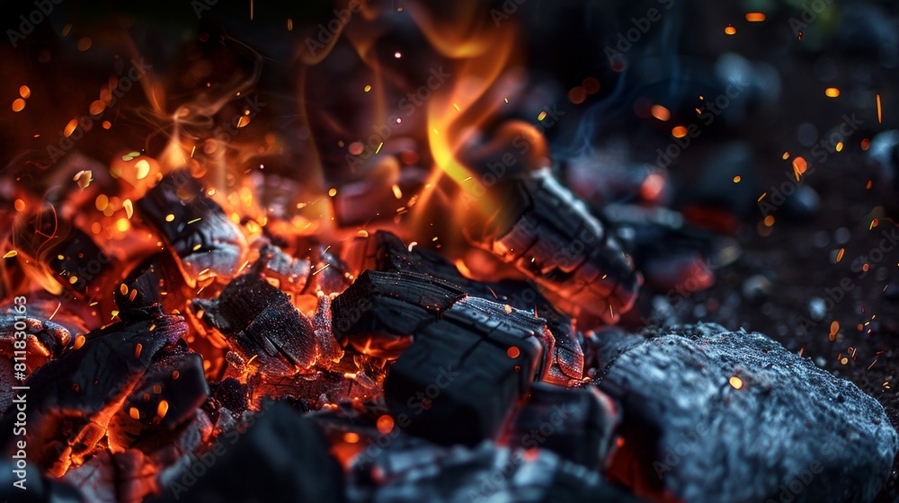Glowing Embers and Sparks in a Charcoal Grill at Night