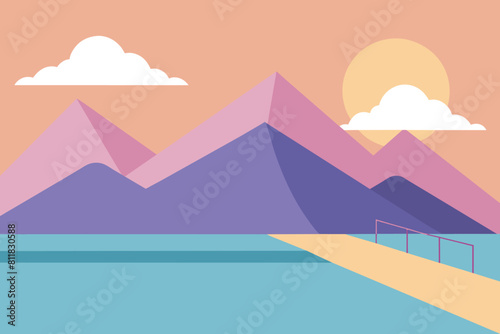 Mountain landscape and tennis court pastel illustration design