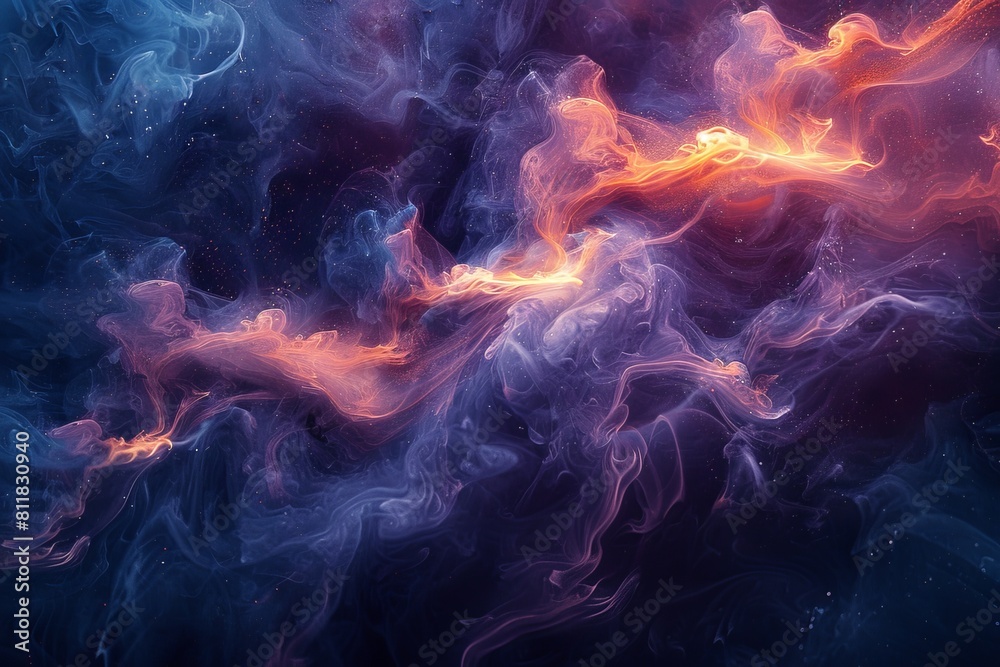 Vivid abstract image featuring swirling smoke patterns in a dynamic interplay of colors against a dark, nebulous background Vivid abstract image featuring swirling smoke patterns in a dynamic interplay of colors against a dark, nebulous background