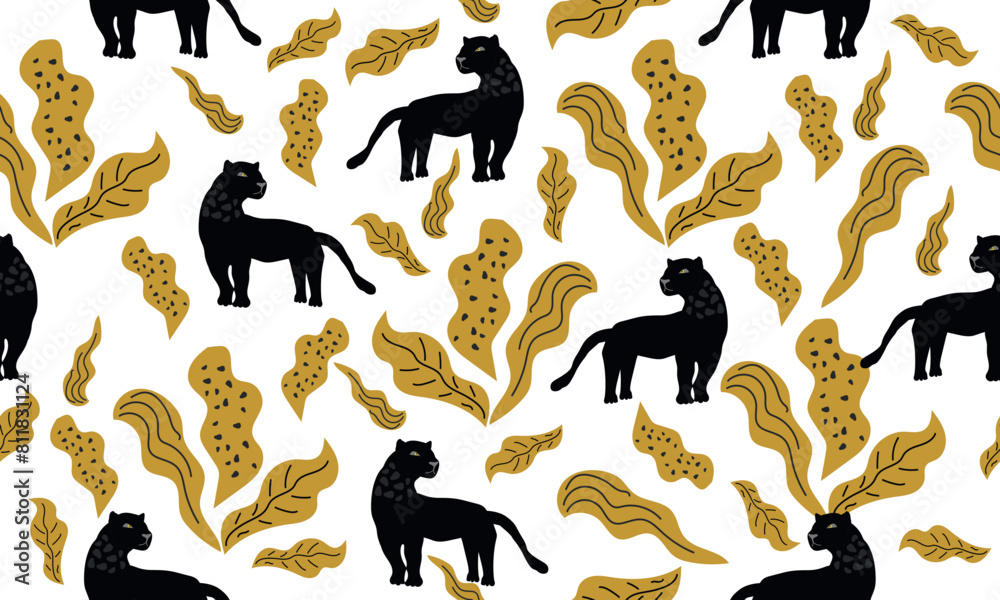 Vestor seamless pattern with panthers and tropical leaves. Trendy style.