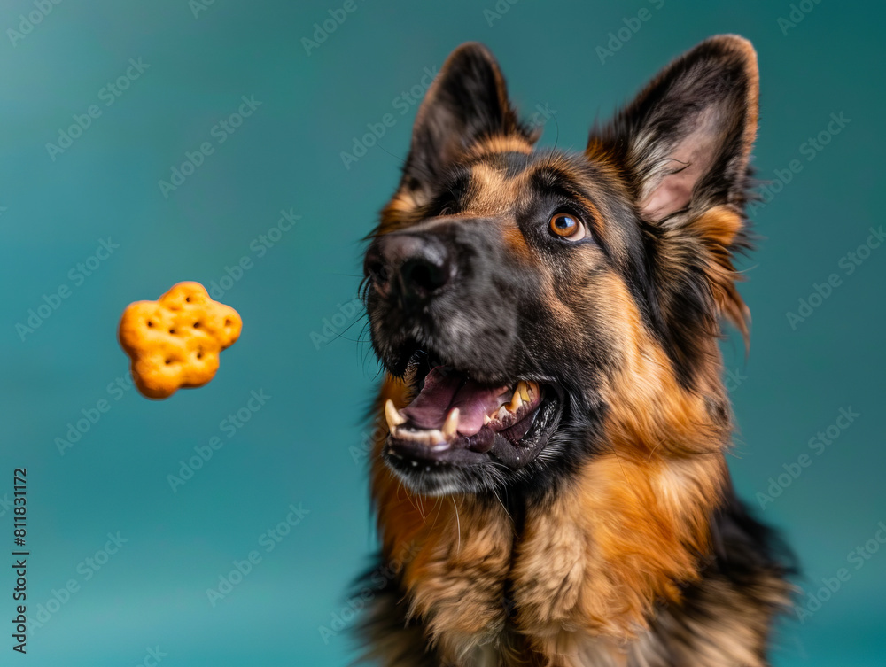 A german shepherd dog is eating a cookie.