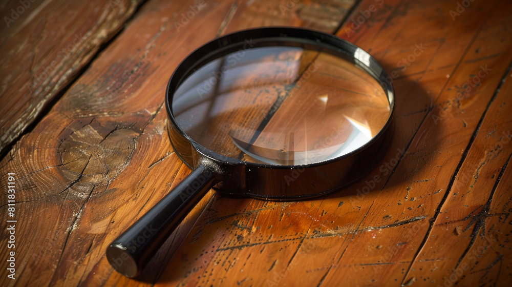 A magnifying glass with a black handle rests on a wooden desk, its lens magnifying a small area. A magnifying glass with a black handle rests on a wooden desk, its lens magnifying a small area.