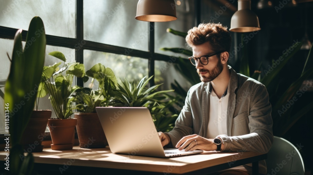 Dedicated busy man dressed in smart casual is sitting in working friendly cafe and typing report on the laptop. Dedicated busy man dressed in smart casual is sitting in working friendly cafe and typing report on the laptop.
