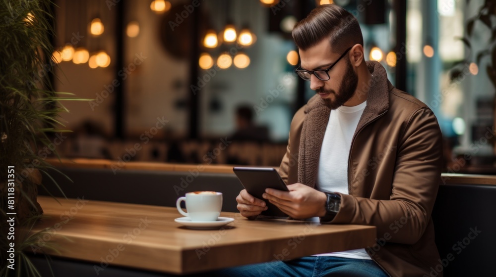 Dedicated busy man dressed in smart casual is sitting in working friendly cafe and typing report on tablet computer. Dedicated busy man dressed in smart casual is sitting in working friendly cafe and typing report on tablet computer.