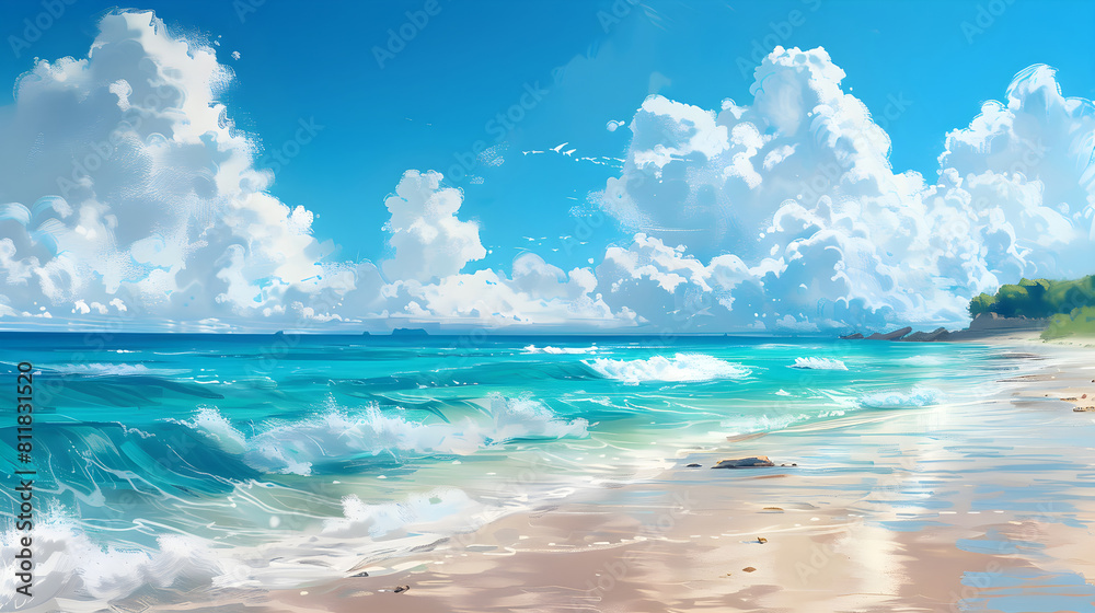 A detailed painting of a beach scene featuring vibrant blue water and fluffy clouds in the sky. The sandy shore waves are depicted with precision and artistic flair. A detailed painting of a beach scene featuring vibrant blue water and fluffy clouds in the sky. The sandy shore waves are depicted with precision and artistic flair.