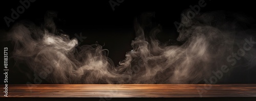 Mysterious Mist: Eerie Smoke Rising Over Dark Wooden Surface Banner photo