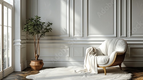 Fototapeta Naklejka Na Ścianę i Meble -  White wall with minimalistic white wainscoting and chair with blanket, lamp on the floor, 3D rendering illustration of interior design in modern home decor, mockup template for artwork painting, poste