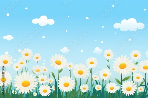 A field of white flowers with a blue sky in the background