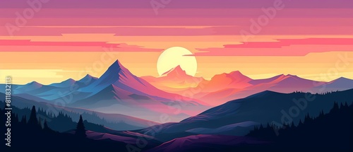 A beautiful mountain landscape with a large sun in the sky