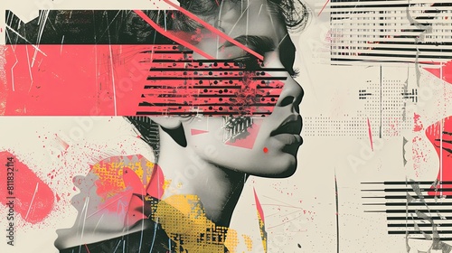 Womans face against red and white collage background