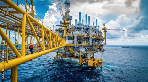 Panorama view oil and gas platform installed in the middle of the sea photo