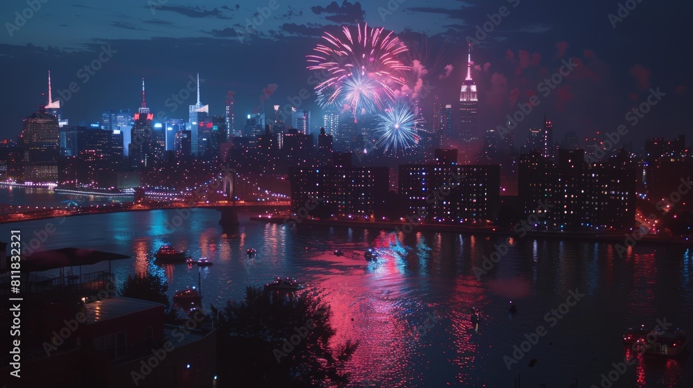 Watching the breathtaking fireworks display over the Hudson River in New York City during a summer festival with the skyline illuminated against the ni