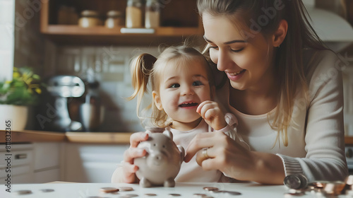 mother and child with penny box or money box photo