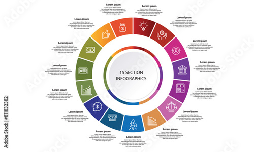 Collection of vector circle chart infographic templates for presentations, advertising, layouts, annual reports. 15 options, steps, parts