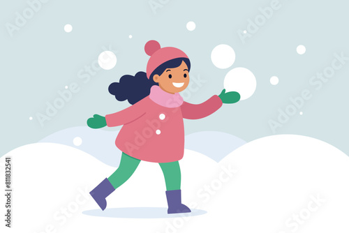 child playing snowballs little girl doing winter activities Christmas new year holidays celebration concept vector illustration