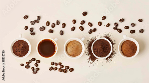 An image shows different types of coffee  including beans  ground coffee  coffee pads  and capsules. It has a retro style and leaves some space for text.