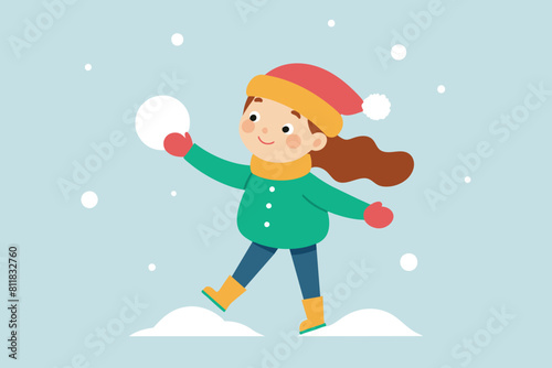child playing snowballs little girl doing winter activities Christmas new year holidays celebration concept vector illustration