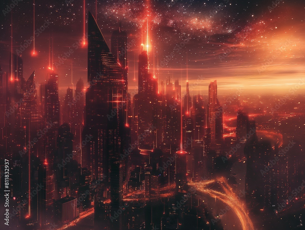 A neon-lit metropolis under a starry sky, with glowing red beams piercing through the dusk.