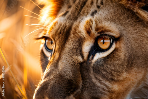 Close-up of a lioness’s eyes. Ideal for wildlife documentaries, nature blogs, or powerful marketing visuals © Daria D.