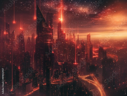 A neon-lit metropolis under a starry sky  with glowing red beams piercing through the dusk.