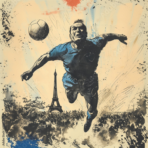 Vintage sports poster vibe  A French player soars for a header in the Euros  Eiffel Tower a silent witness.