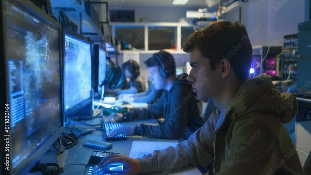 In a dimly lit room, a focused group of operators monitor and analyze real-time cybersecurity threats, navigating through complex data visualizations and security software to safeguard digital assets In a dimly lit room, a focused group of operators monitor and analyze real-time cybersecurity threats, navigating through complex data visualizations and security software to safeguard digital assets