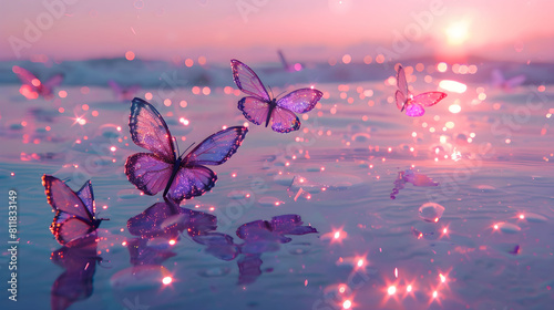 Glittery purple butterflies and ethereal sea waves background. Shimmering reflections and pink pastel aesthetic.