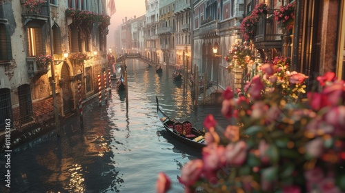 The serene waterways of Venice at twilight with gondolas gently floating along the canals and historic buildings lining the sides. The fading light cas © uda0330