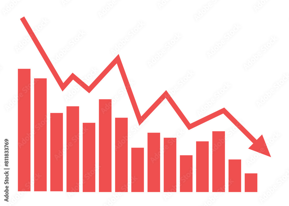 bar chart with arrow graph going down business decline investment and trading loss economic recession bar chart with arrow graph going down business decline investment and trading loss economic recession