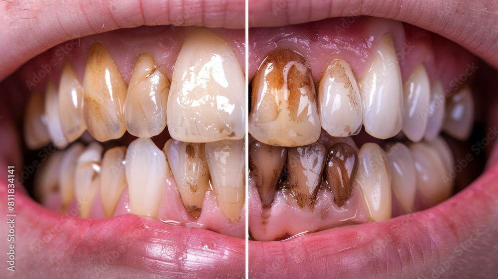 Before and after comparison. Veneers were added. Advanced periodontal
