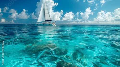 Sailing on a catamaran across the crystal clear waters of the Caribbean Sea enjoying the gentle summer breeze and panoramic views of the turquoise sea.